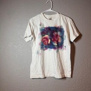 Fruit of the Loom T Shirt M/M Rose Floral Print Graphic Tee White Cotton